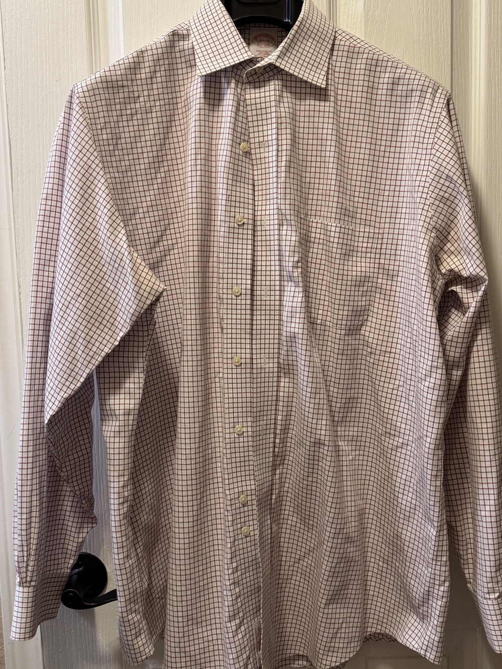 Brooks Brothers White Shirt with Burgundy Windowpane Check - Large